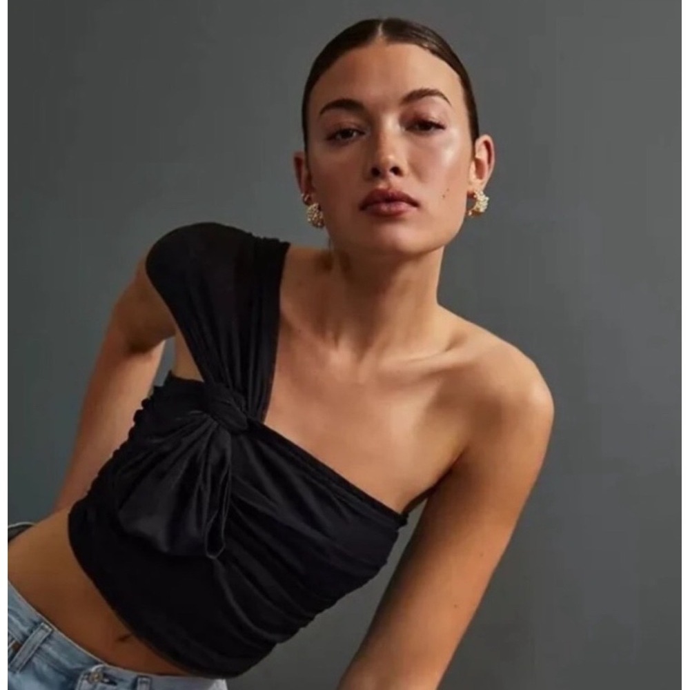 Maeve Anthropologie Black Mesh Ruched One Shoulder Bow Top Large
